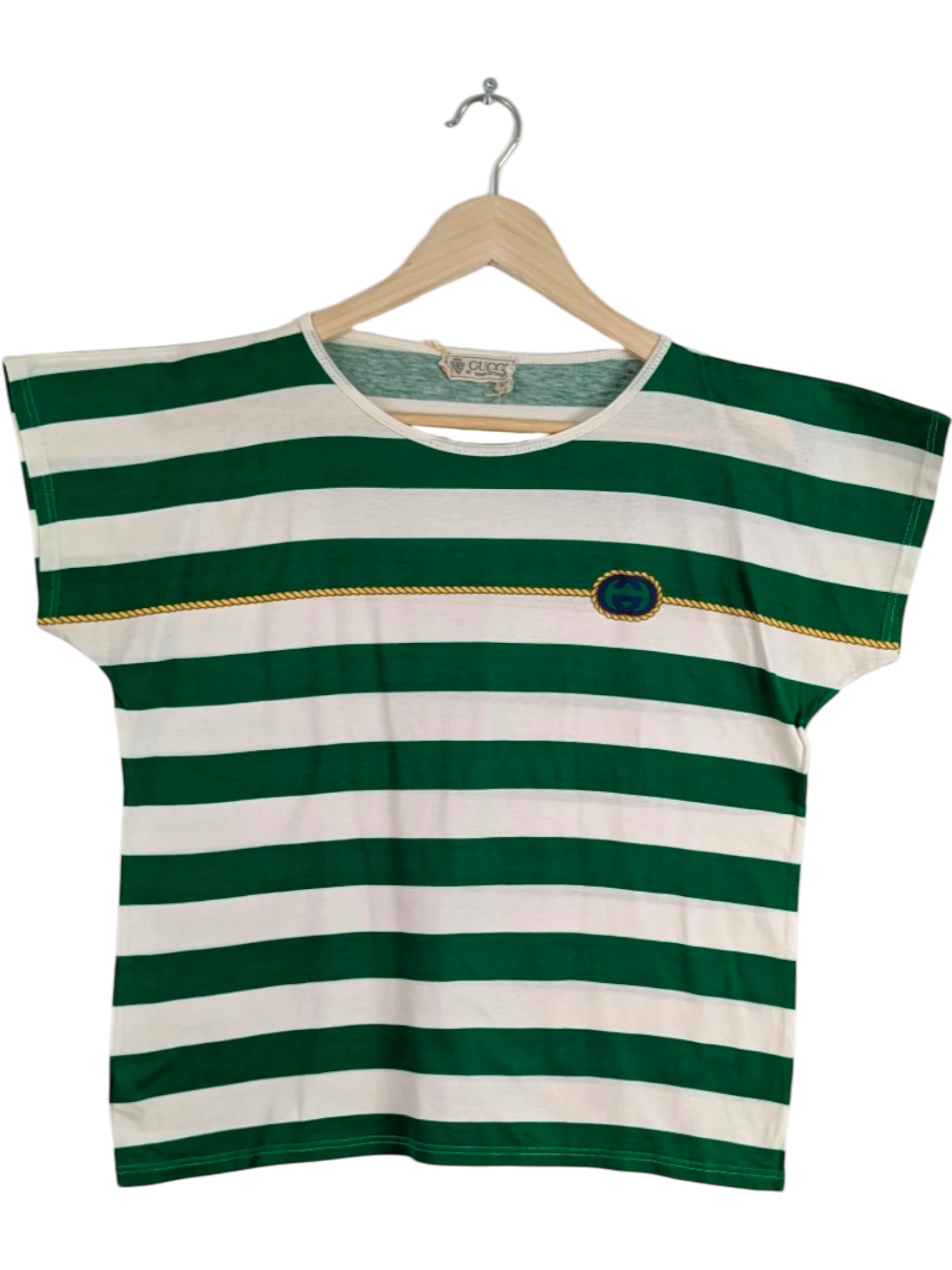 JAKE & IPI vintage 70s/80s Gucci green and white striped cotton t-shirt with GG emblem and rope detail. Size L.