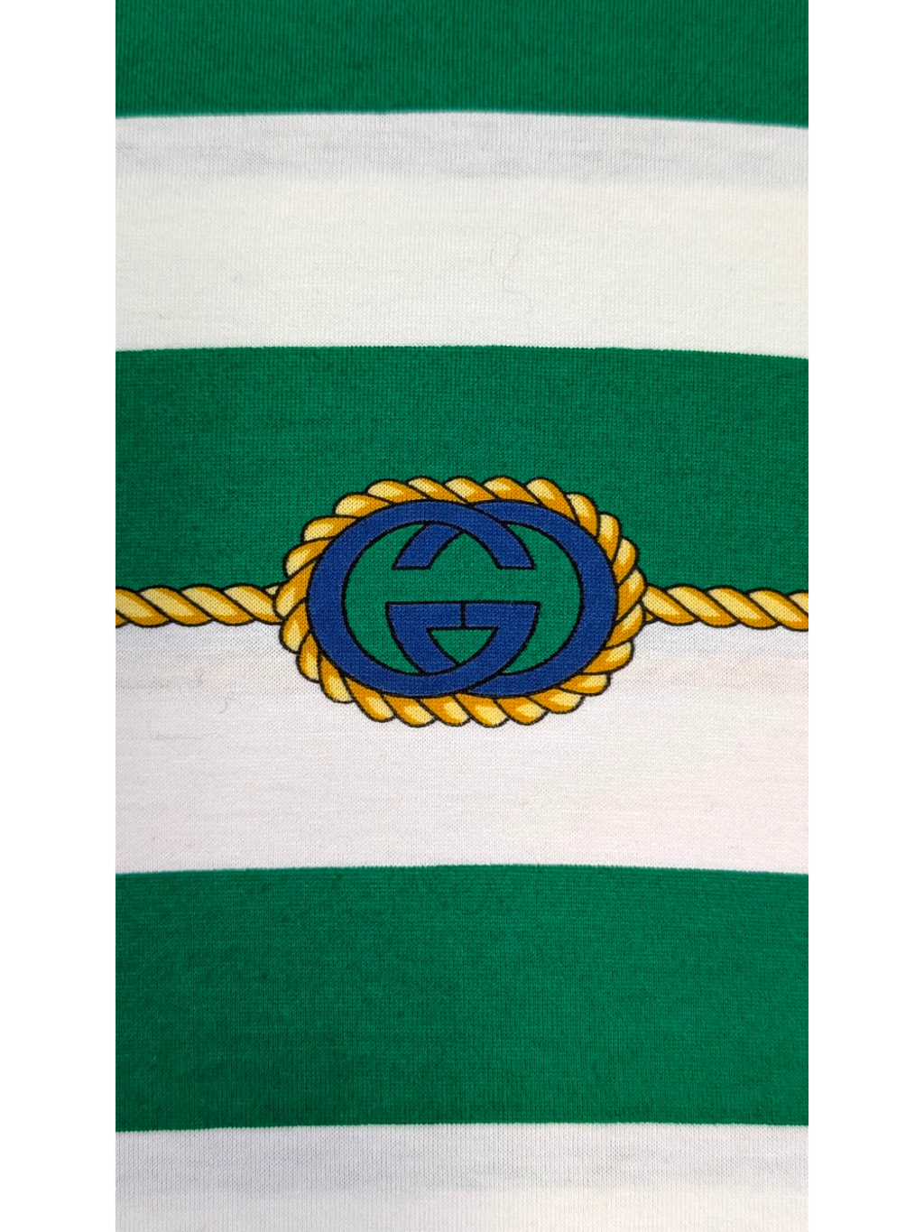 JAKE & IPI vintage 70s/80s Gucci green and white striped cotton t-shirt with GG emblem and rope detail.