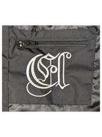 JAKE & IPI IBE Elenyor jacket black fabric with white embroidered gothic logo and zippered pocket detail