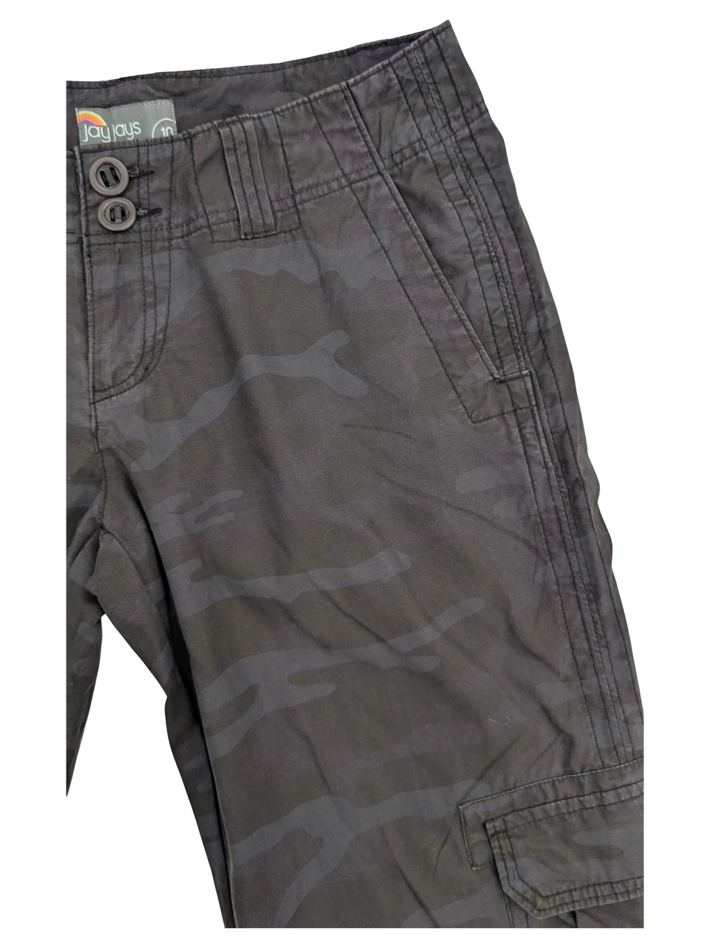 JAKE & IPI Jay Jays camo cargo pants with double button closure and utility pockets. Dark grey camouflage pattern.