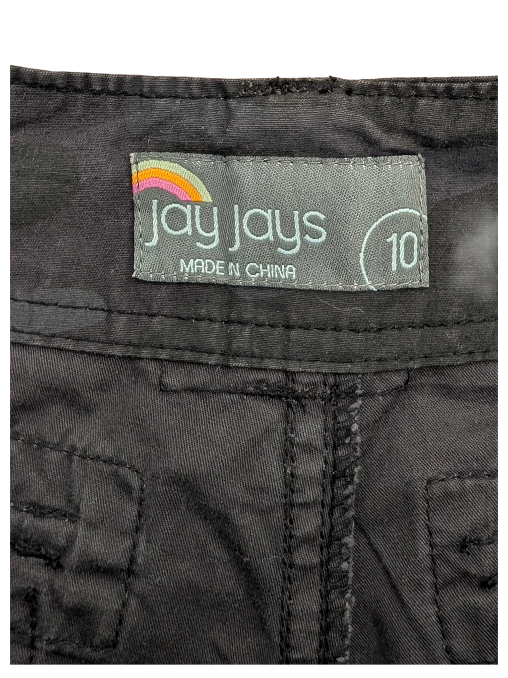 Jay Jays black camo cargo pants with size 10 tag. Made in China.