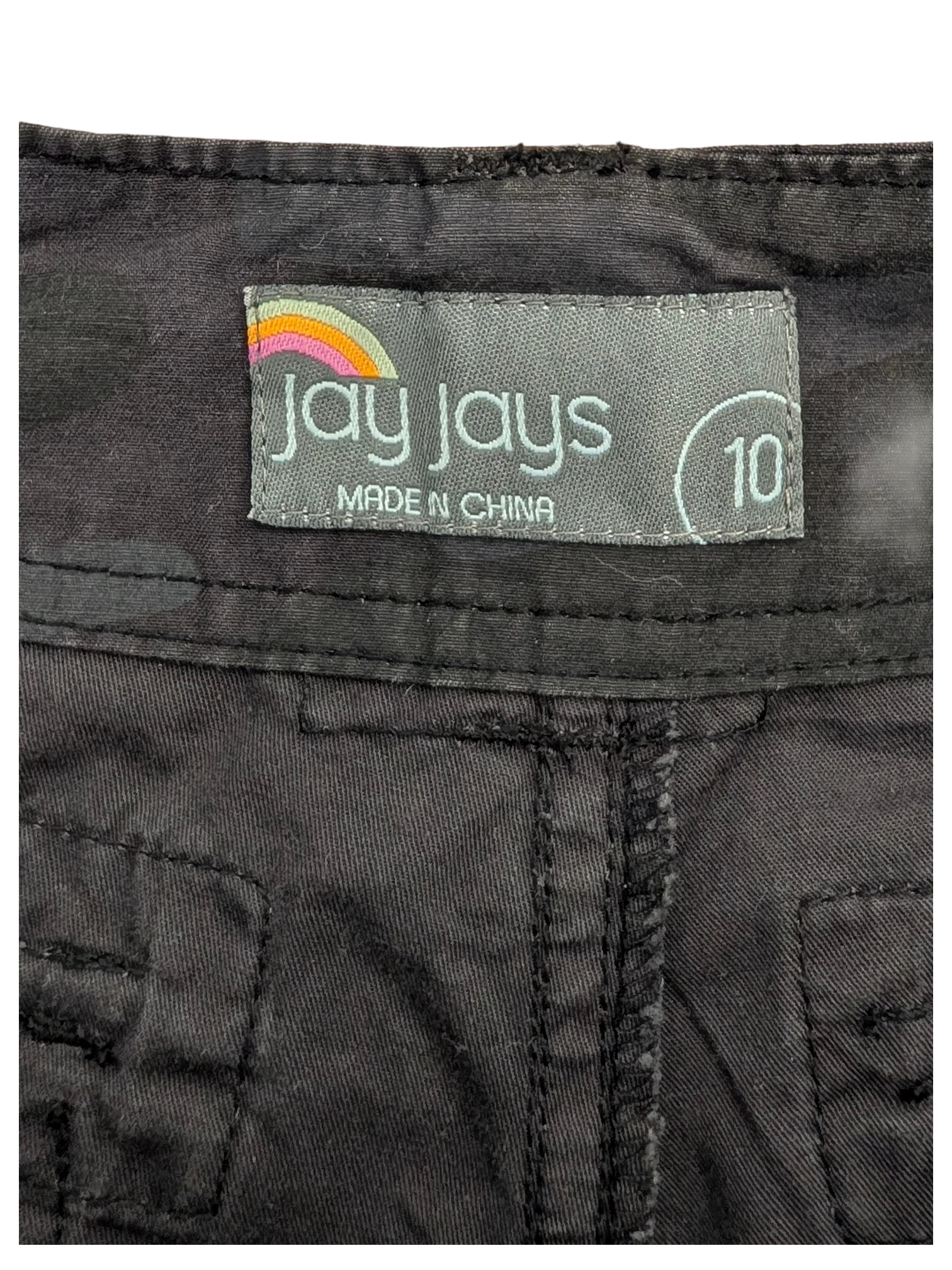Jay Jays black camo cargo pants with size 10 tag. Made in China.
