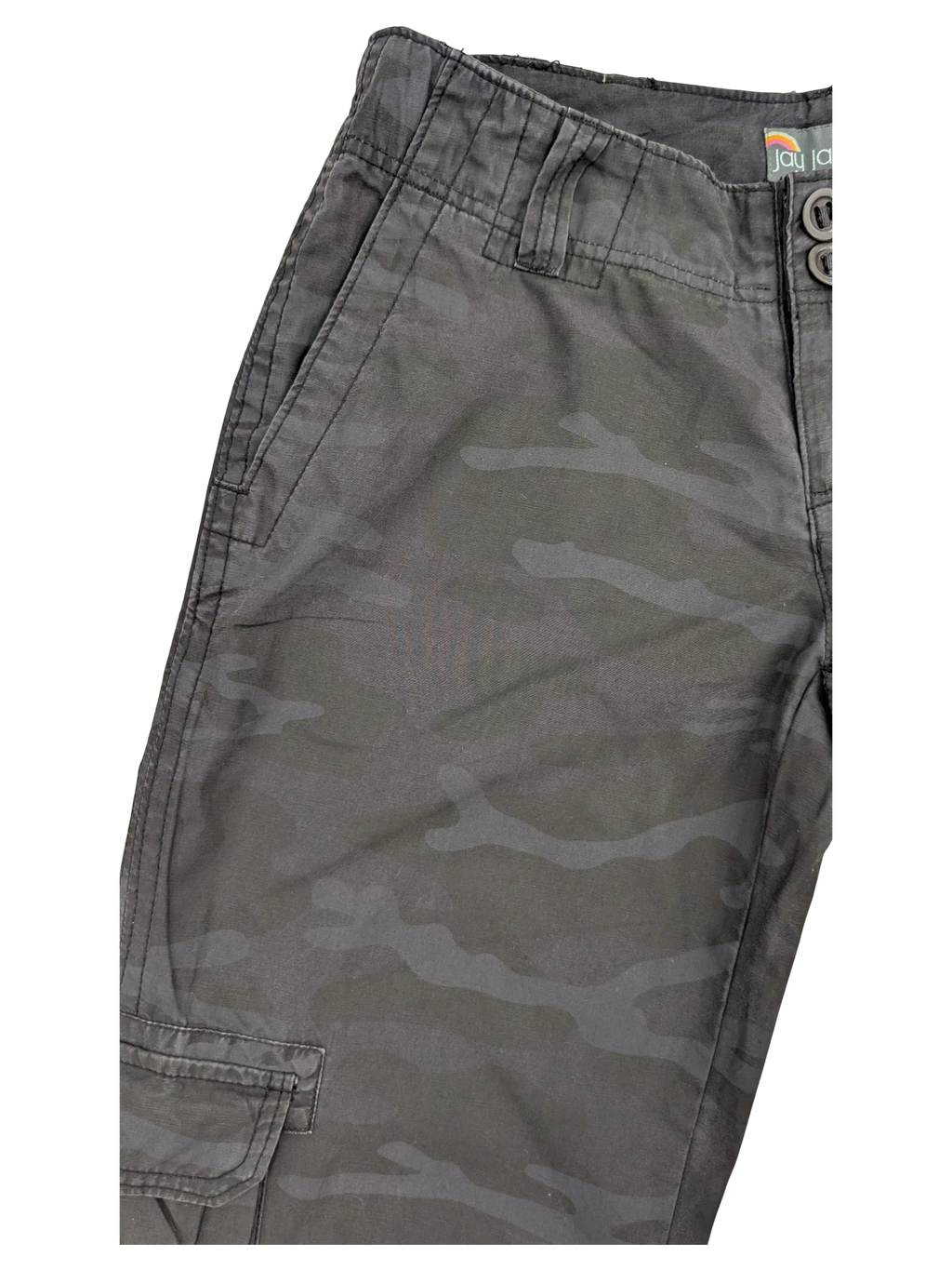 JAKE & IPI Jay Jays dark grey camouflage cargo pants with button closure and utility pockets.