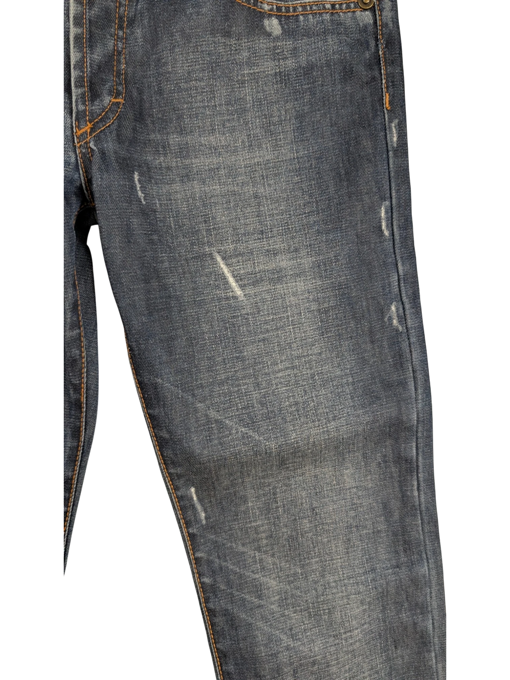 JAKE & IPI Just Cavalli distressed medium-wash blue denim straight-leg jeans with contrast tobacco stitching.