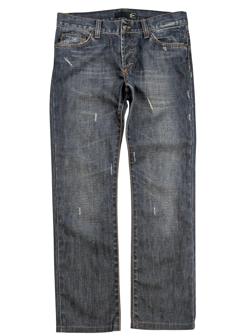 JAKE & IPI Just Cavalli distressed medium-wash blue denim straight-leg jeans with contrast tobacco stitching and Y2K era logo patch.