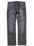 JAKE & IPI Just Cavalli distressed medium-wash blue denim straight-leg jeans with contrast tobacco stitching and Y2K era logo patch.
