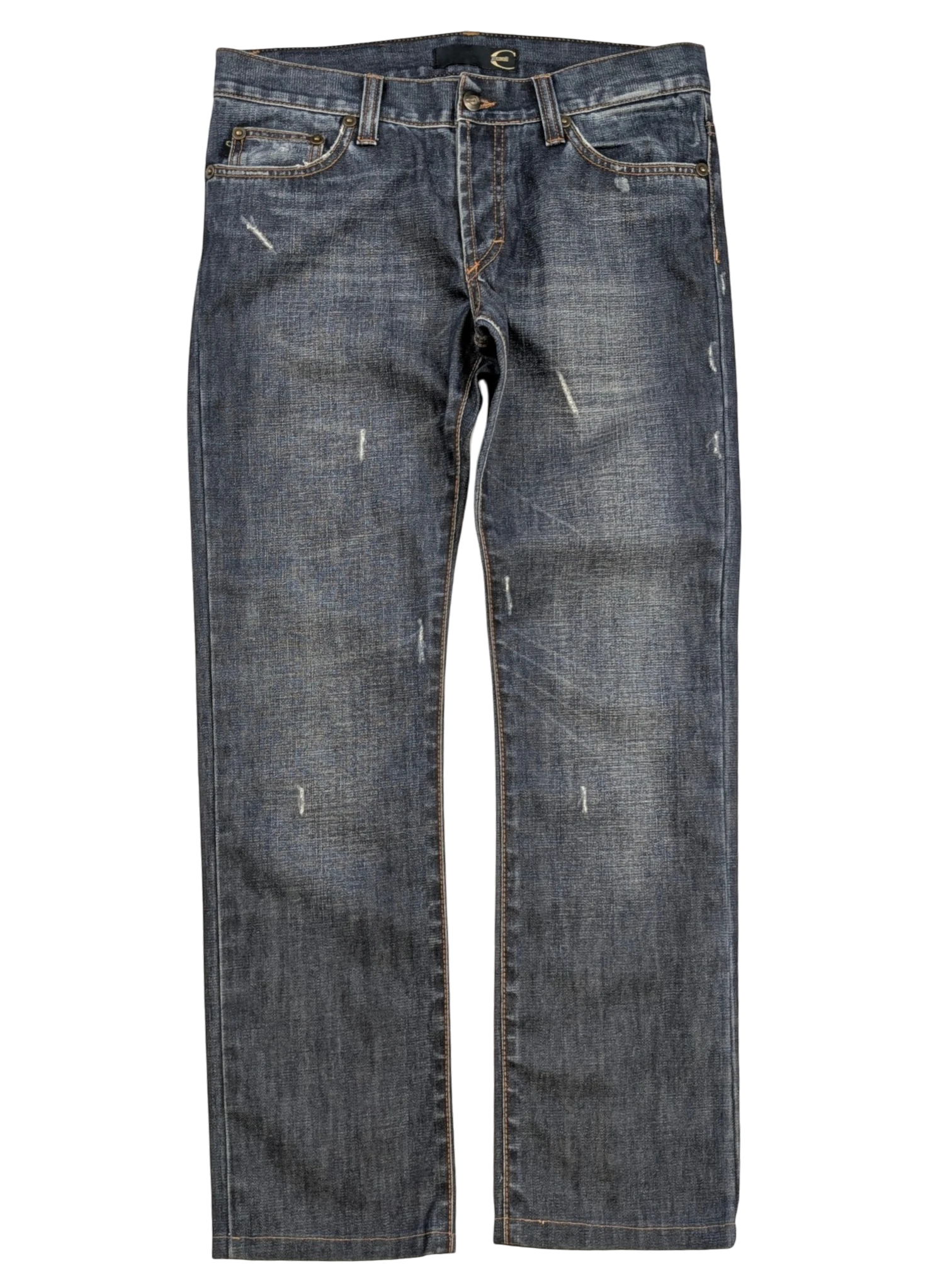 JAKE & IPI Just Cavalli distressed medium-wash blue denim straight-leg jeans with contrast tobacco stitching and Y2K era logo patch.