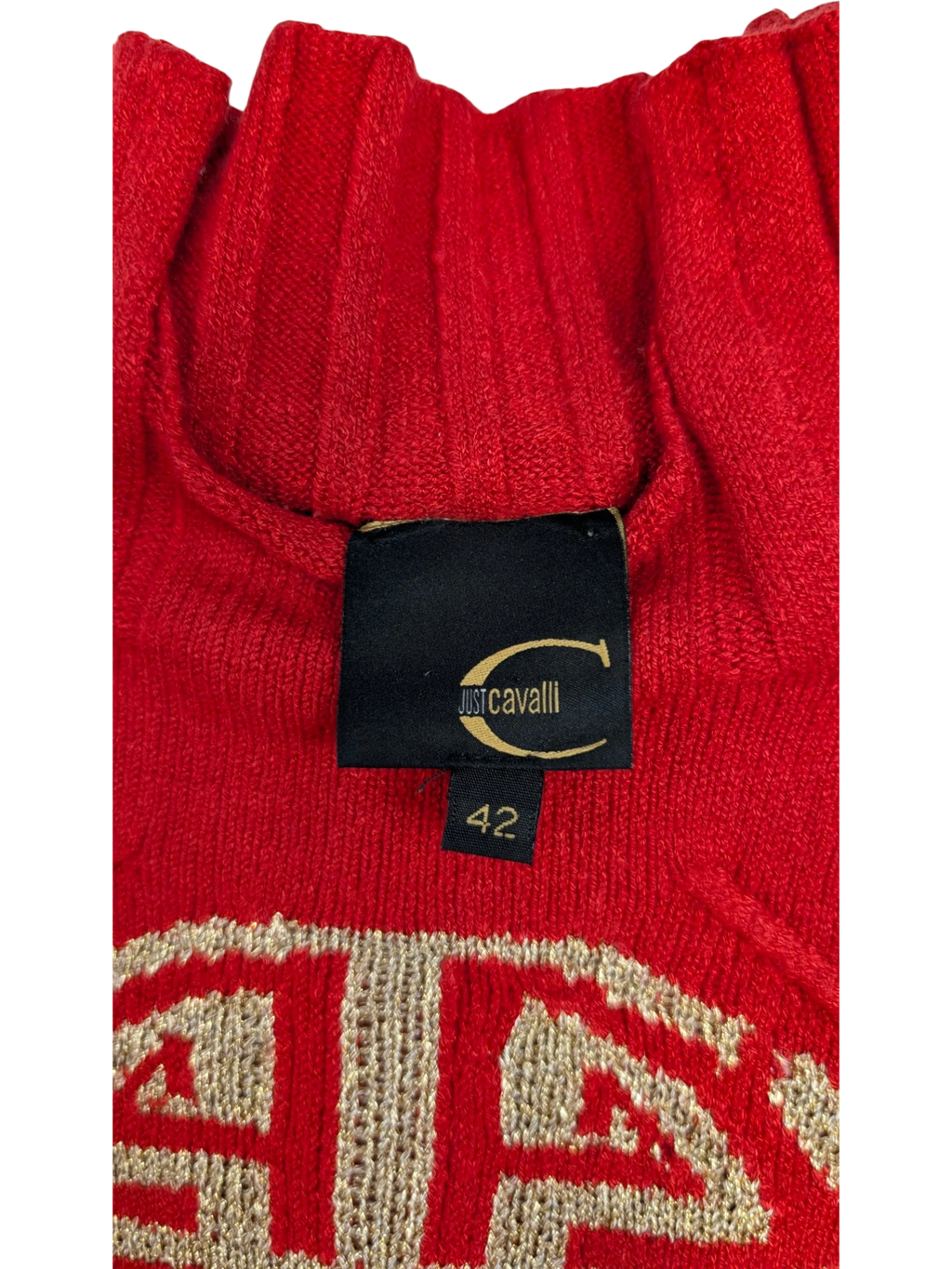 JAKE & IPI Vintage Just Cavalli red knit top with gold logo detail and size 42 tag. Made in Italy.