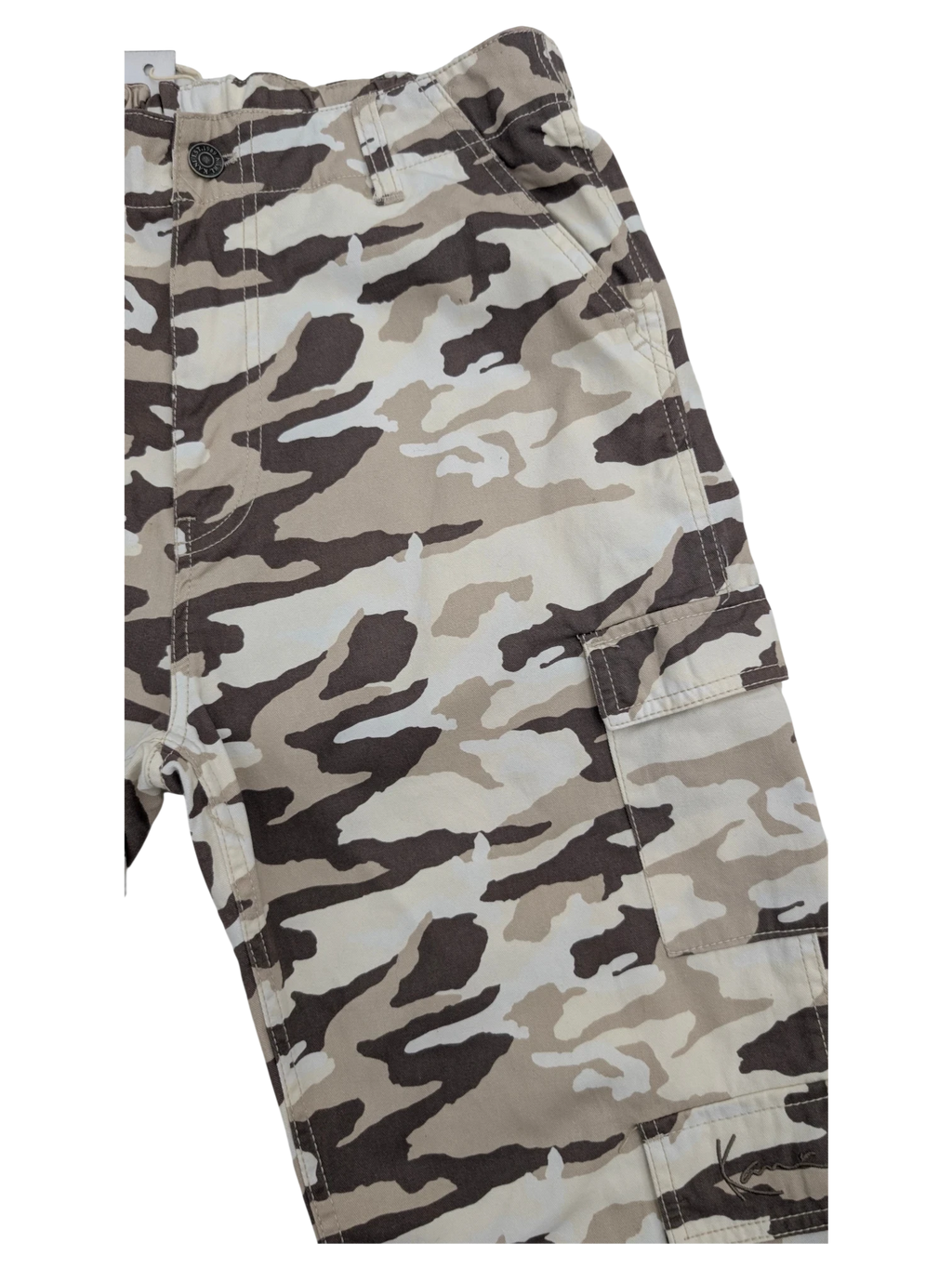 JAKE & IPI Karl Kani camo cargo pants in beige, brown, and cream. Cotton blend with multiple pockets.