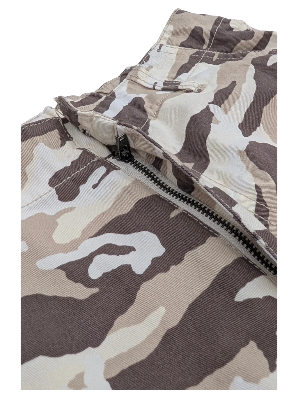 JAKE & IPI Karl Kani camo cargo pants in beige, brown, and cream. Cotton blend with zip fly detail.