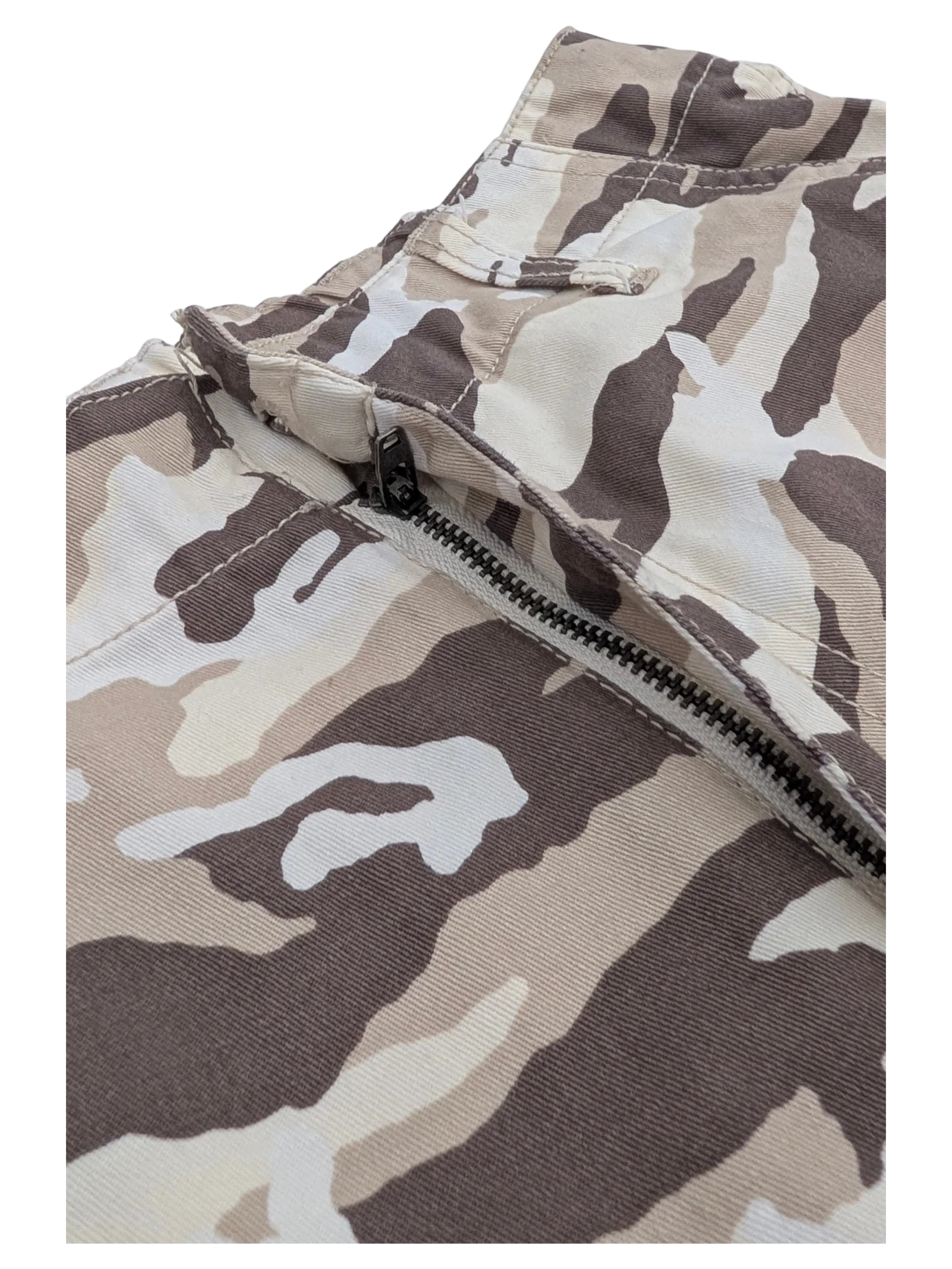 JAKE & IPI Karl Kani camo cargo pants in beige, brown, and cream. Cotton blend with zip fly detail.