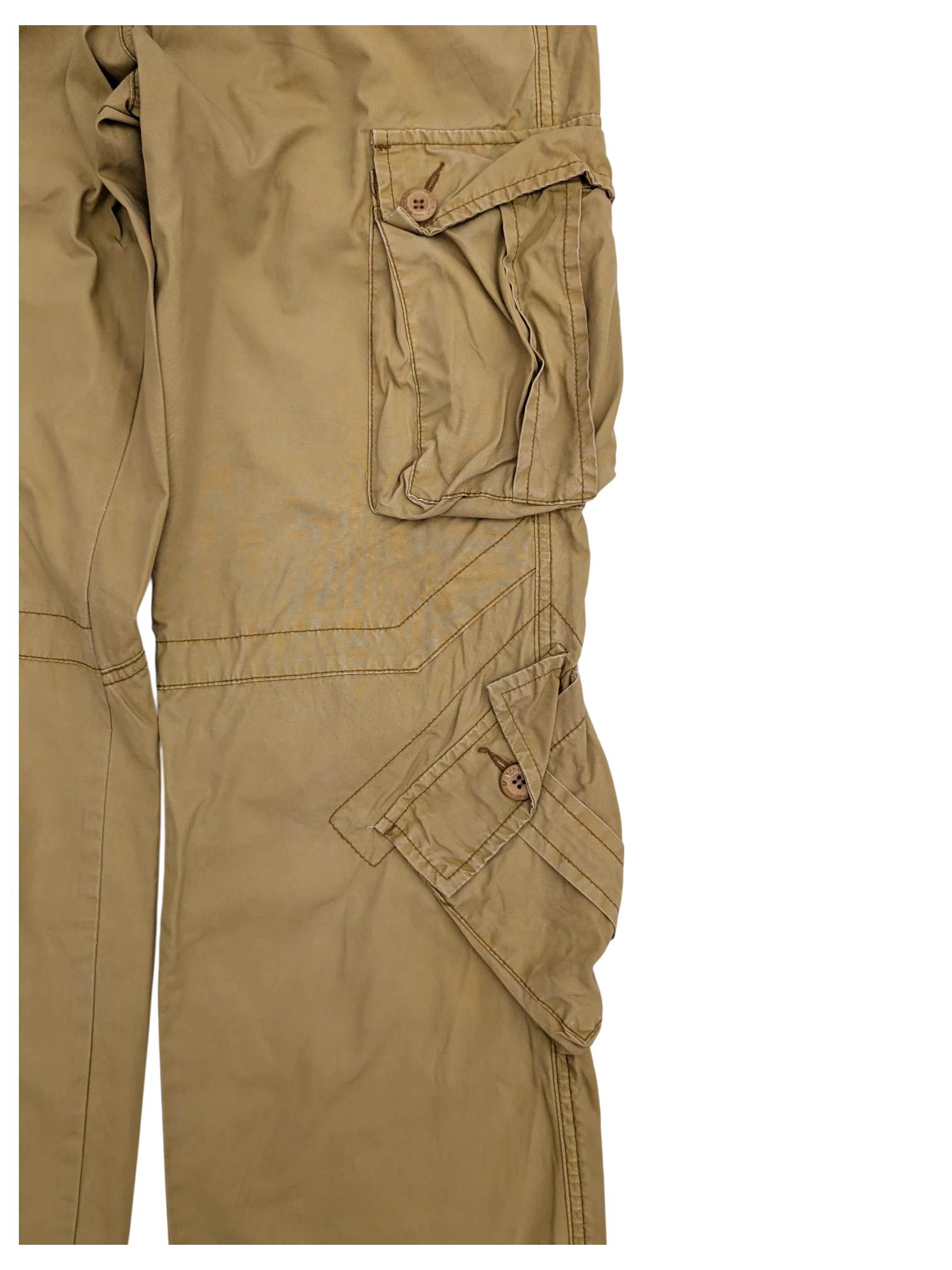 JAKE & IPI khaki cotton cargo pants with multiple button-flap pockets and contrast stitching.