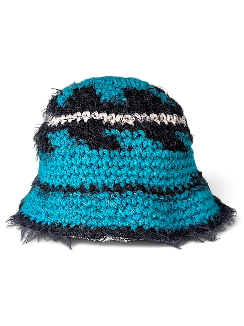 JAKE & IPI IBE knitted bucket hat in teal and black with a textured frayed finish and a white stripe detail.