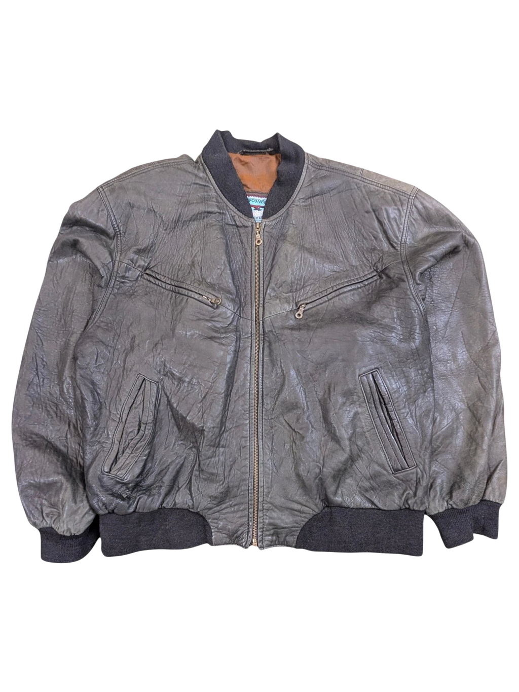 JAKE & IPI dark grey distressed leather bomber jacket with ribbed cuffs and collar.