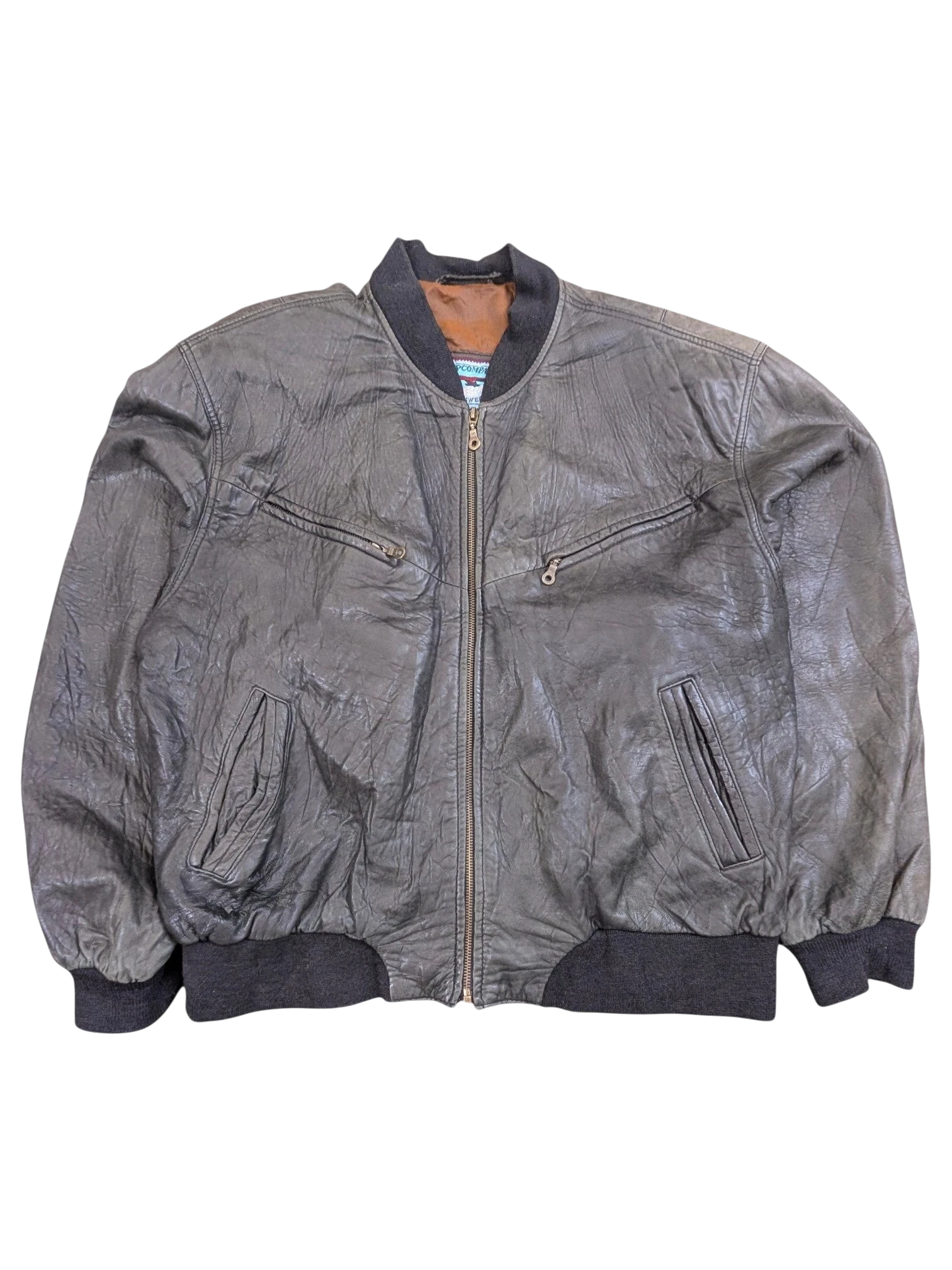 JAKE & IPI dark grey distressed leather bomber jacket with ribbed cuffs and collar.