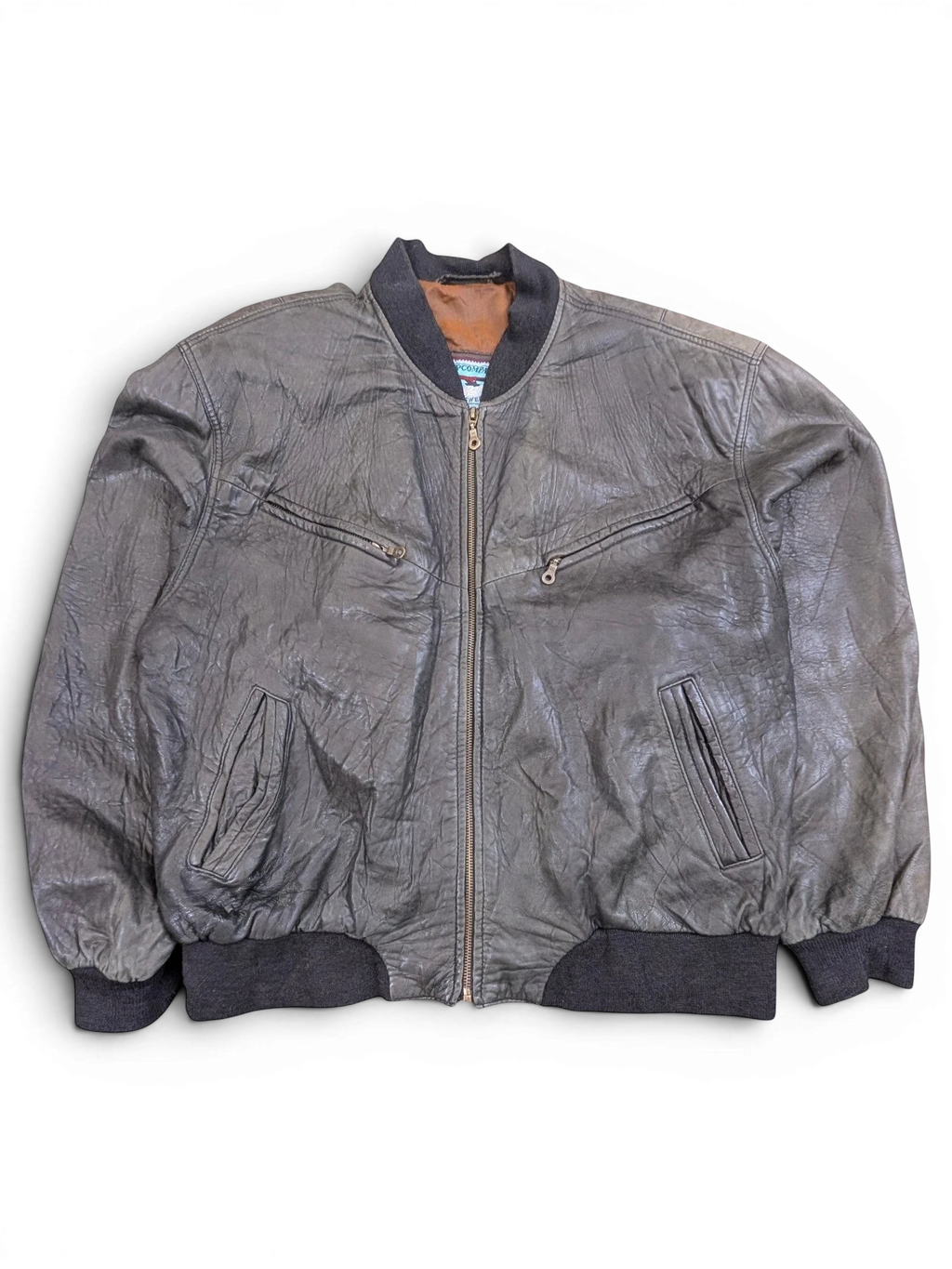 JAKE & IPI dark grey distressed leather bomber jacket with ribbed cuffs and collar.