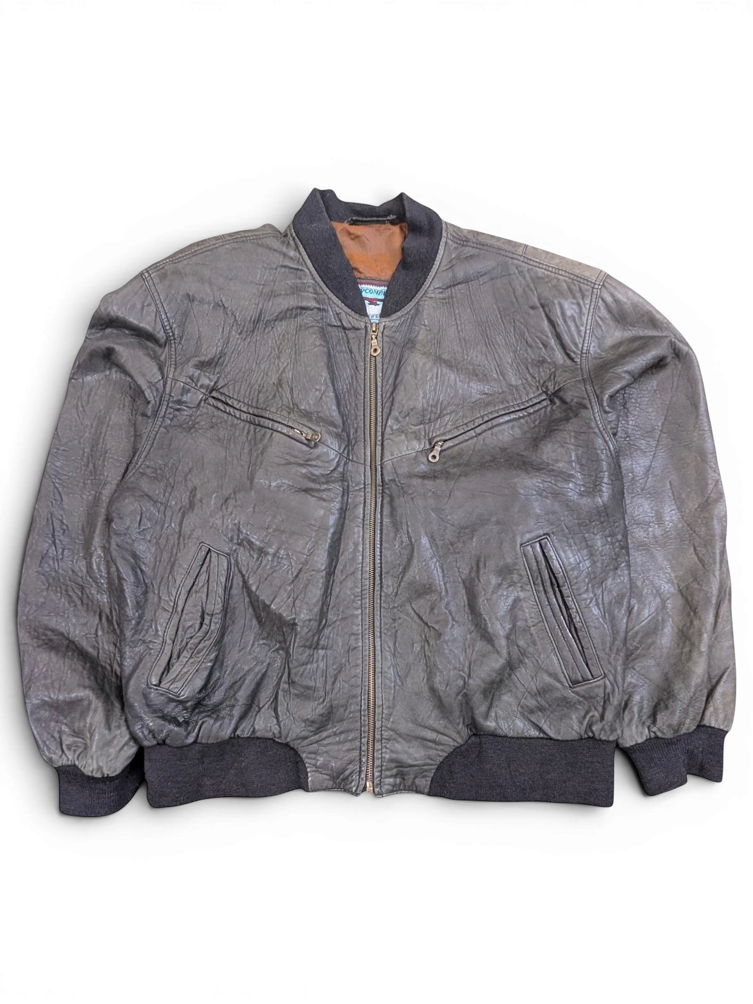 JAKE & IPI dark grey distressed leather bomber jacket with ribbed cuffs and collar.