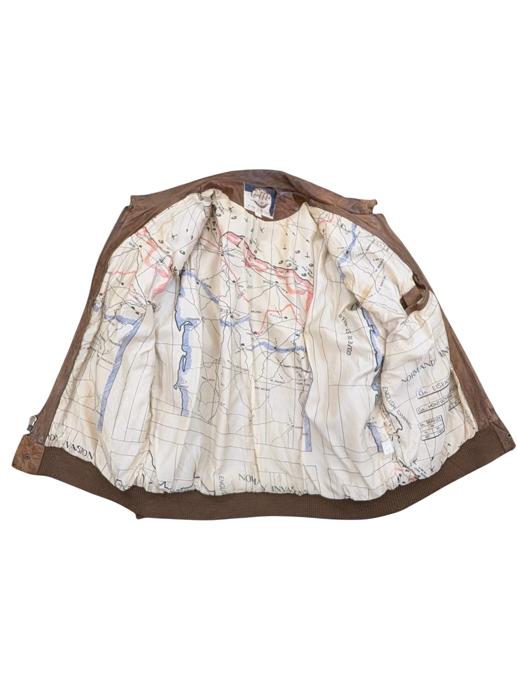 JAKE & IPI brown leather bomber jacket with a detailed map lining of the Normandy invasion.