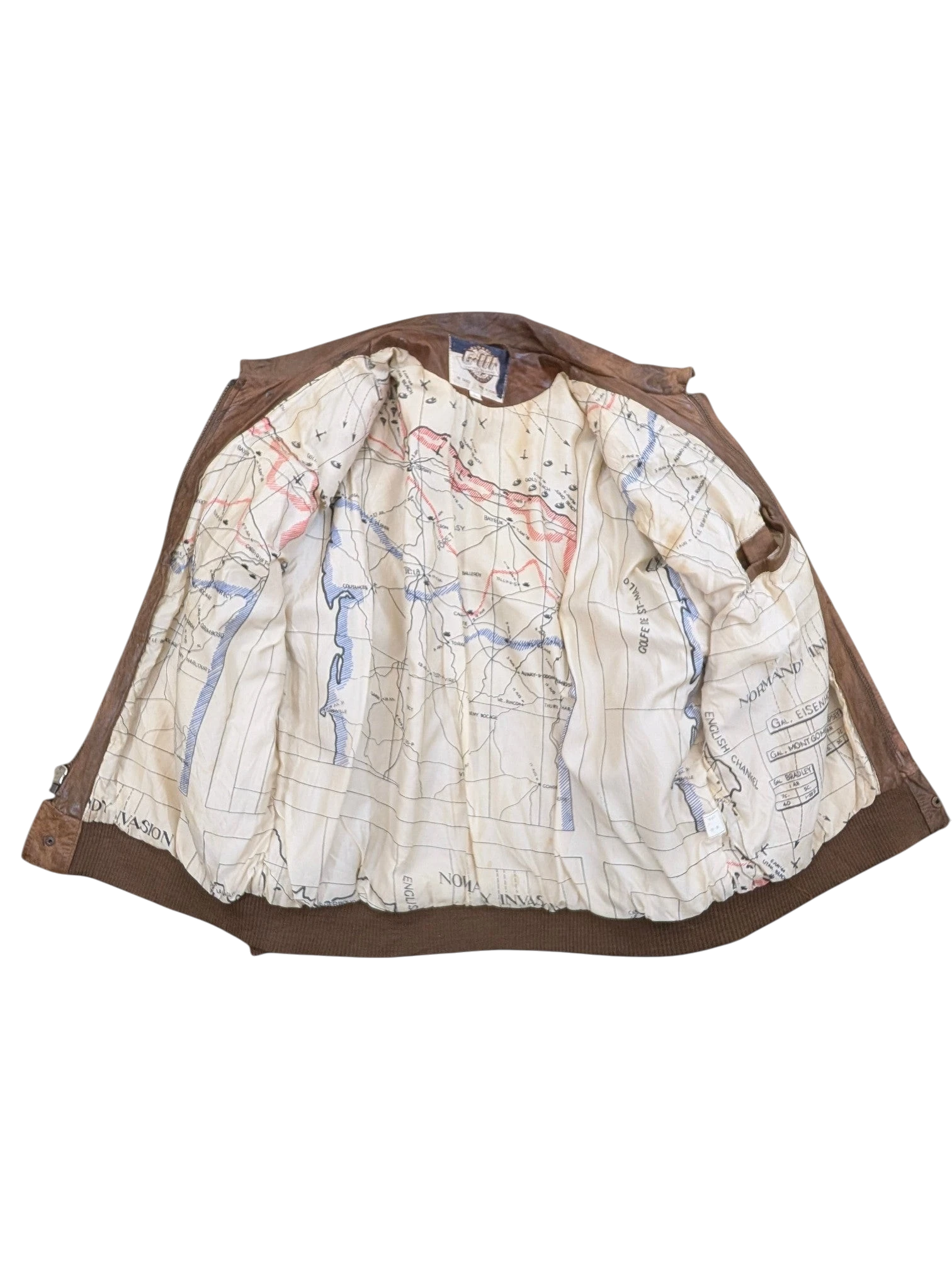 JAKE & IPI brown leather bomber jacket with a detailed map lining of the Normandy invasion.