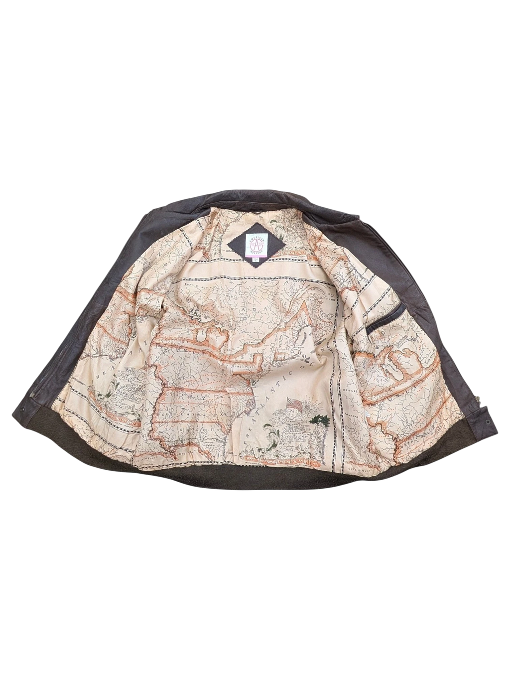 JAKE & IPI dark brown leather jacket with a unique map-print lining and ribbed cuffs.