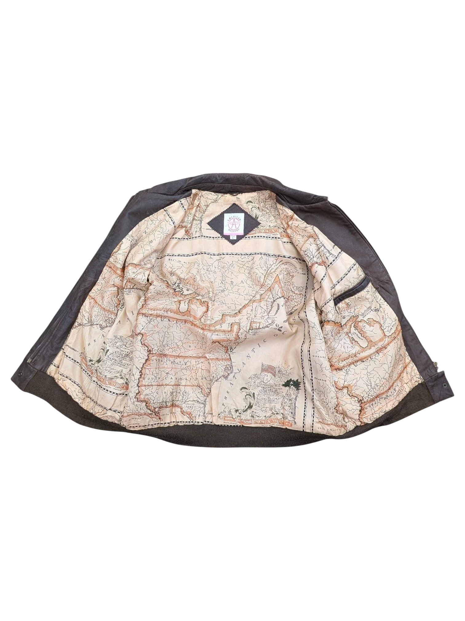 JAKE & IPI dark brown leather jacket with a unique map-print lining and ribbed cuffs.