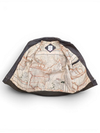 JAKE & IPI dark brown leather jacket with a unique map-print lining and ribbed cuffs.