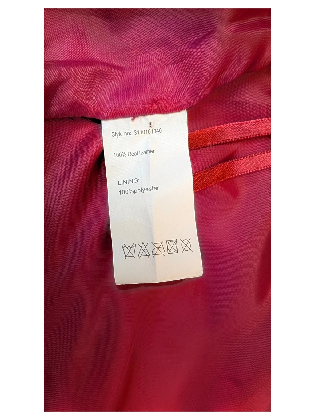 JAKE & IPI Josephine's and Co leather skirt care label showing 100% real leather and polyester lining details.