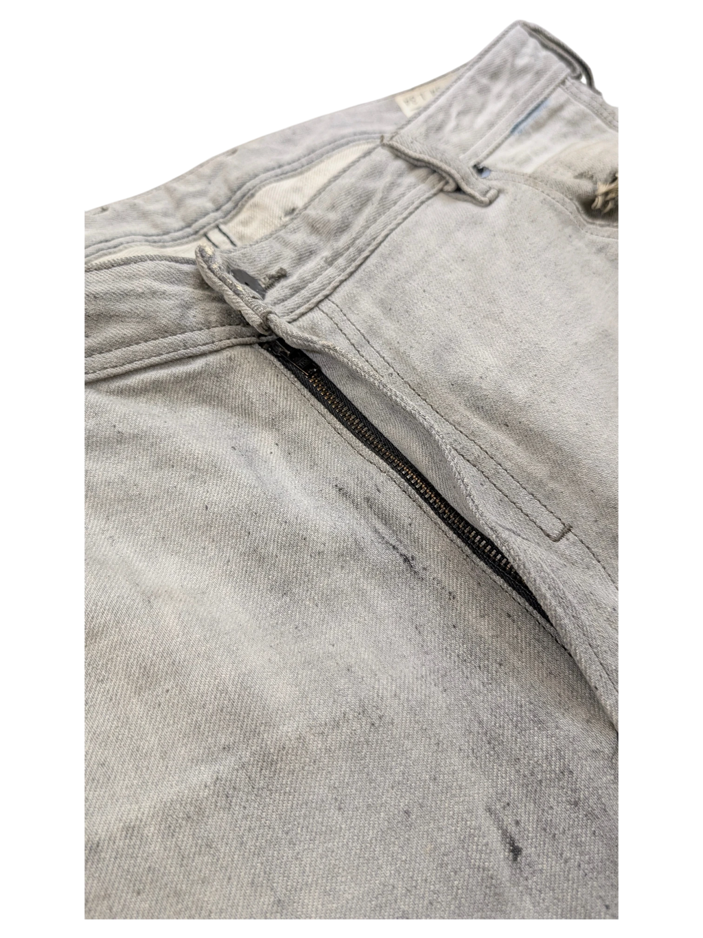 JAKE & IPI light grey distressed denim jeans with zip fly and button closure, size W34 L34.