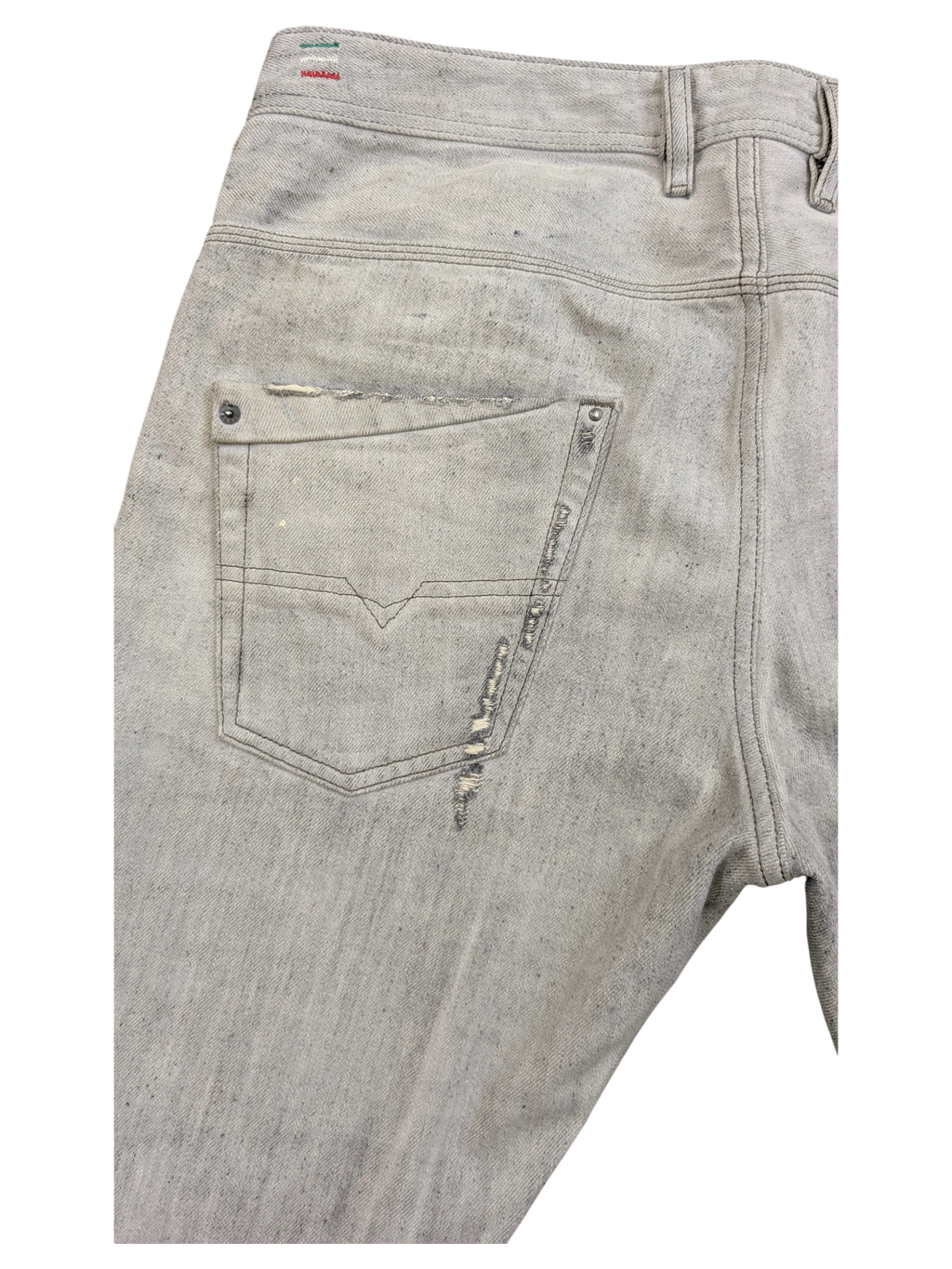JAKE & IPI light grey distressed denim jeans with V-stitch detail on back pocket. W34 L34.