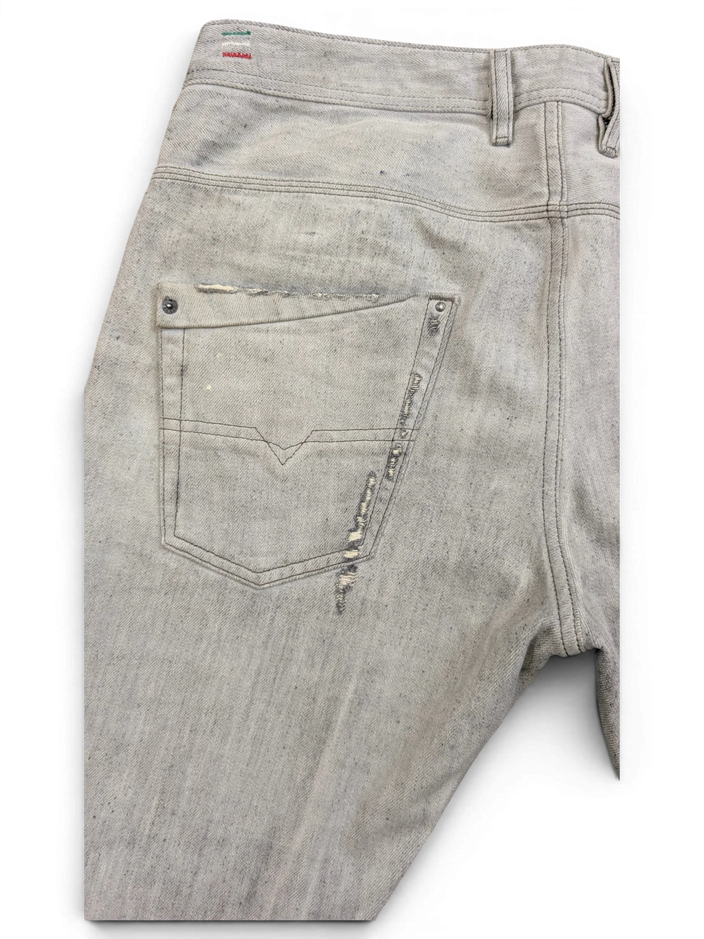 JAKE & IPI light grey distressed denim jeans with V-stitch detail on back pocket. W34 L34.