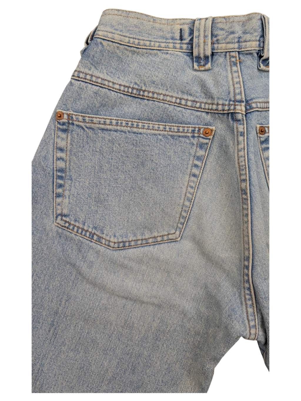 JAKE & IPI light wash denim jeans, W28 L31, classic five-pocket style with copper rivets.