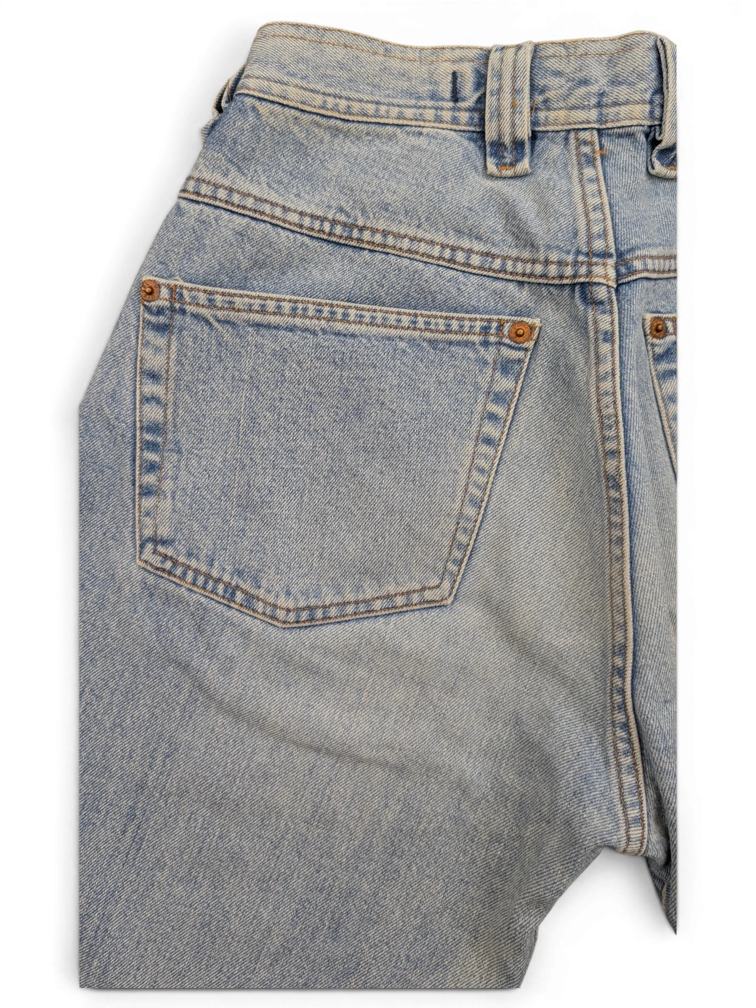 JAKE & IPI light wash denim jeans, W28 L31, classic five-pocket style with copper rivets.