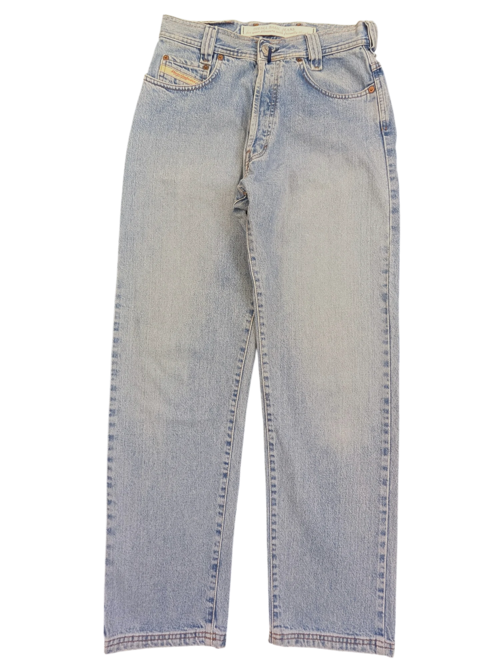 JAKE & IPI light wash denim jeans, size W28 L31, with classic five-pocket styling and a branded metal button closure.
