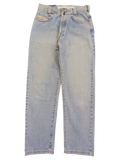 JAKE & IPI light wash denim jeans, size W28 L31, with classic five-pocket styling and a branded metal button closure.