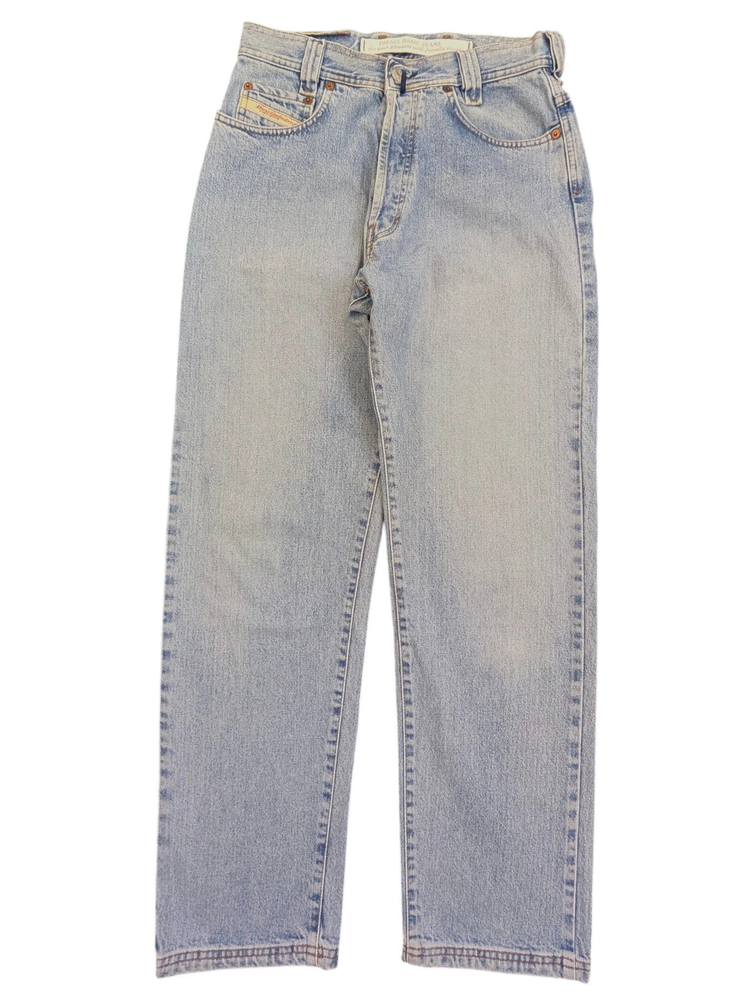 JAKE & IPI light wash denim jeans, size W28 L31, with classic five-pocket styling and a branded metal button closure.