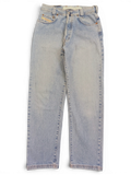 JAKE & IPI light wash denim jeans, size W28 L31, with classic five-pocket styling and a branded metal button closure.