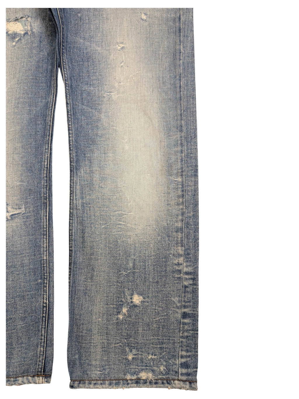 JAKE & IPI light wash distressed denim jeans with ripped details and frayed hem. Straight leg fit.
