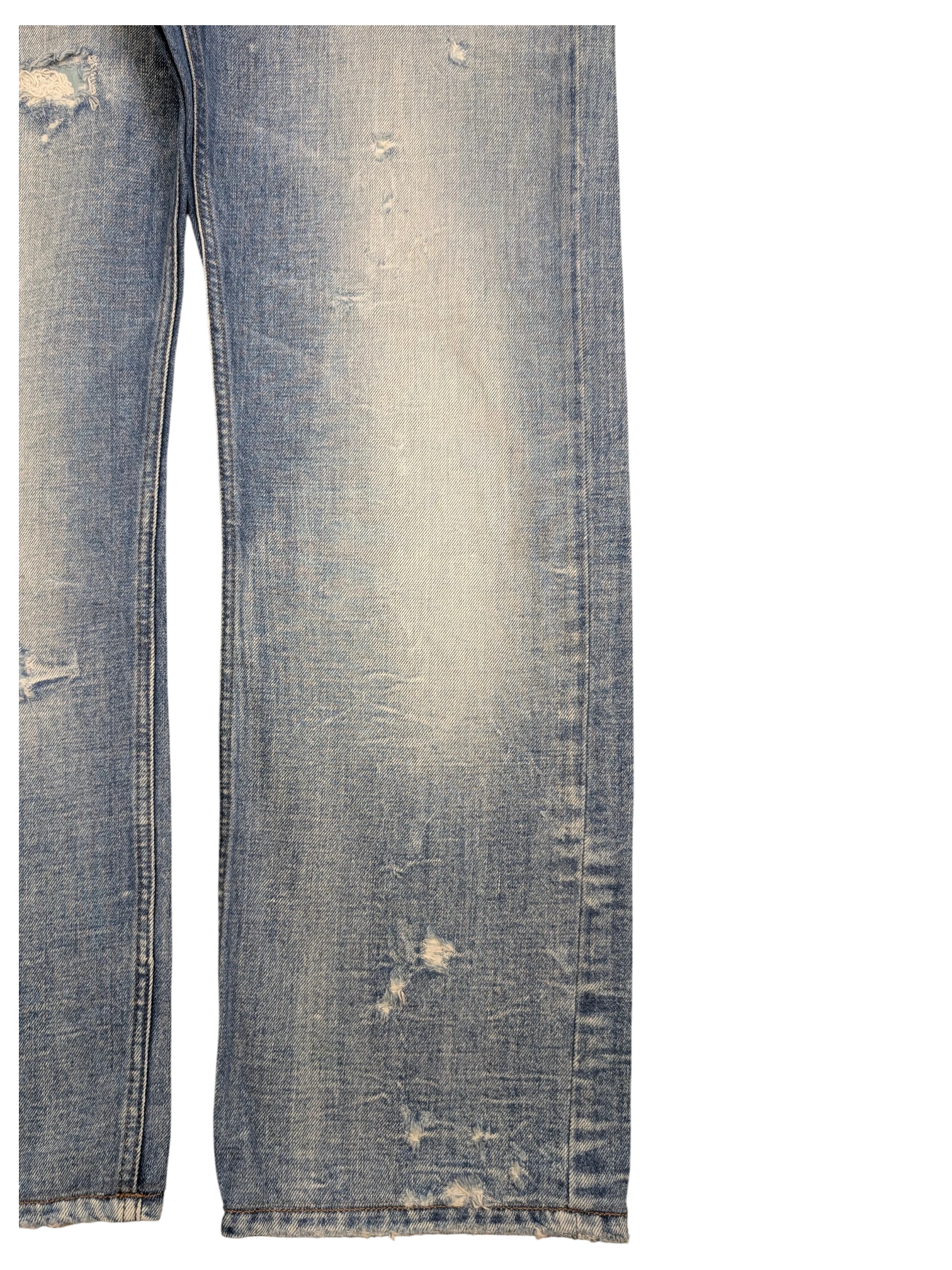 JAKE & IPI light wash distressed denim jeans with ripped details and frayed hem. Straight leg fit.