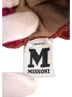 M Missoni sleeveless A-line dress in pink, olive, lime green, beige, and burgundy chevron stripe pattern. Cotton-linen blend. Made in Italy.