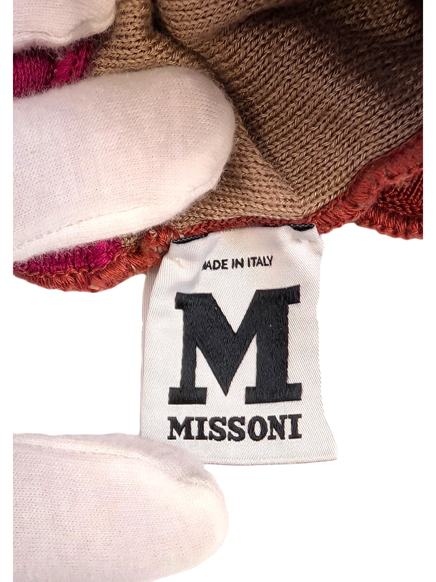 M Missoni sleeveless A-line dress in pink, olive, lime green, beige, and burgundy chevron stripe pattern. Cotton-linen blend. Made in Italy.