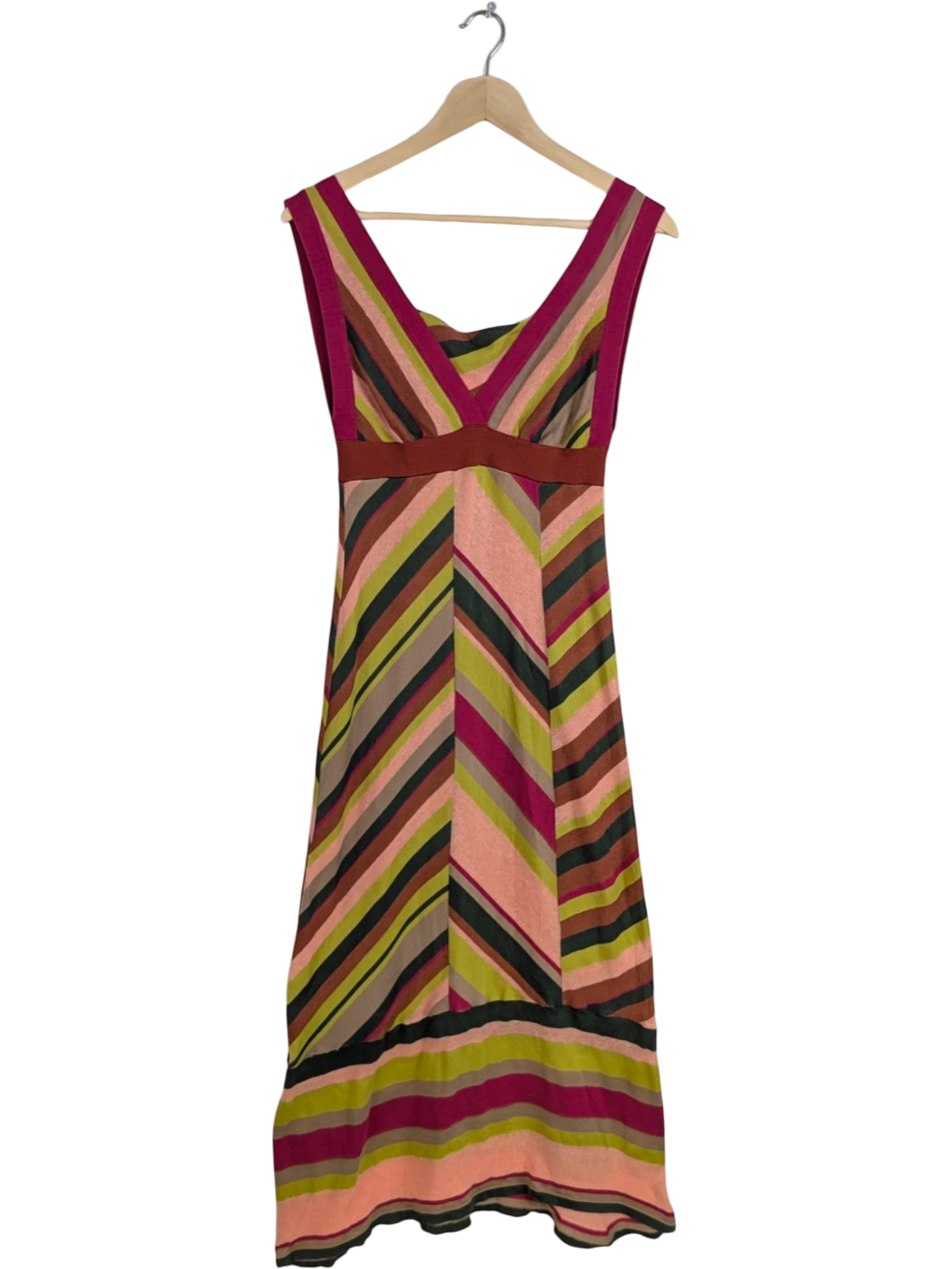 M Missoni sleeveless chevron stripe maxi dress in pink, olive, lime green, beige, and burgundy. Cotton and linen blend with empire waist and belt detail.