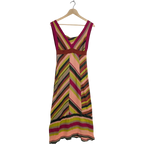 M Missoni sleeveless chevron stripe maxi dress in pink, olive, lime green, beige, and burgundy. Cotton and linen blend with empire waist and belt detail.
