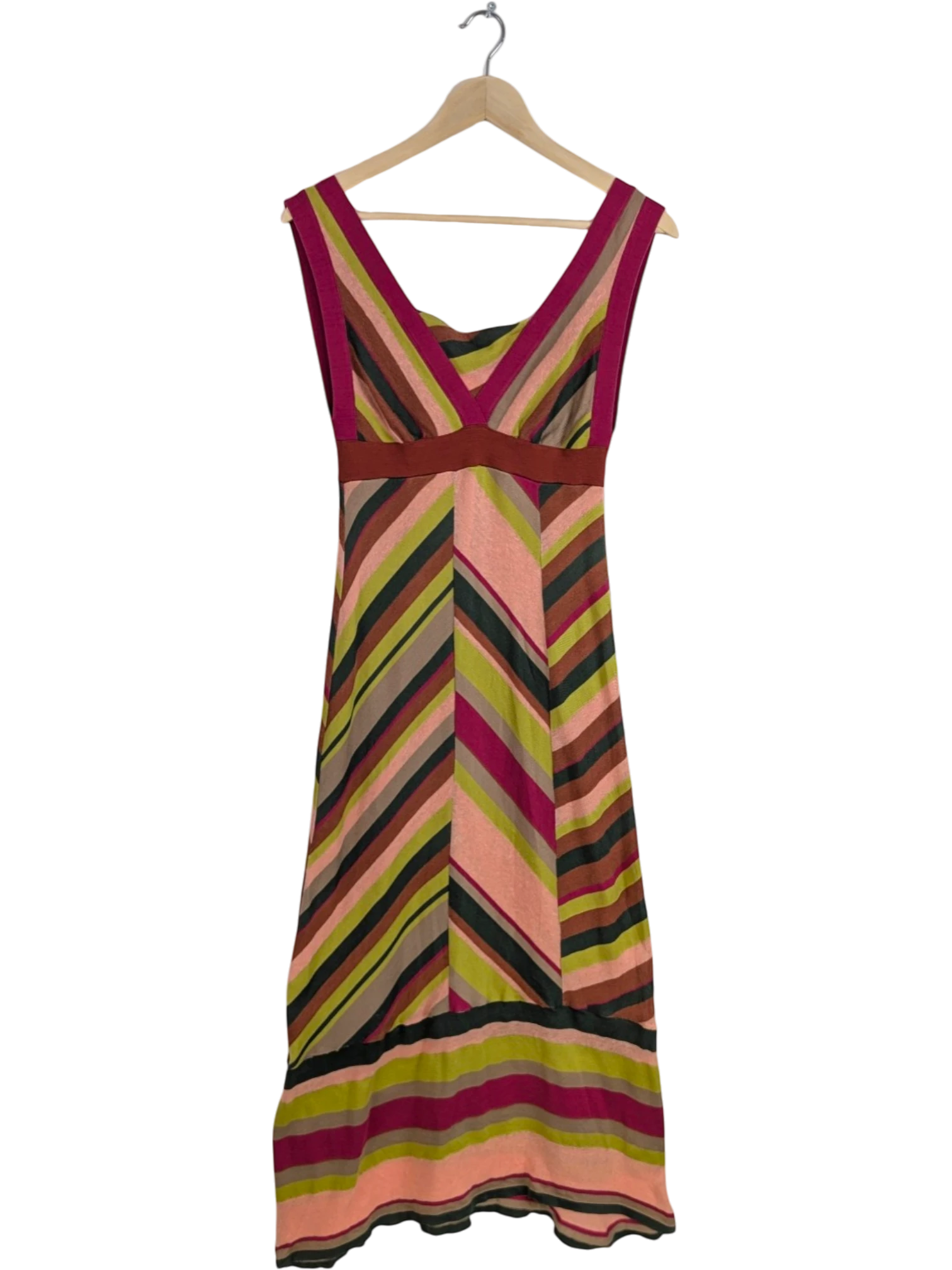 M Missoni sleeveless chevron stripe maxi dress in pink, olive, lime green, beige, and burgundy. Cotton and linen blend with empire waist and belt detail.
