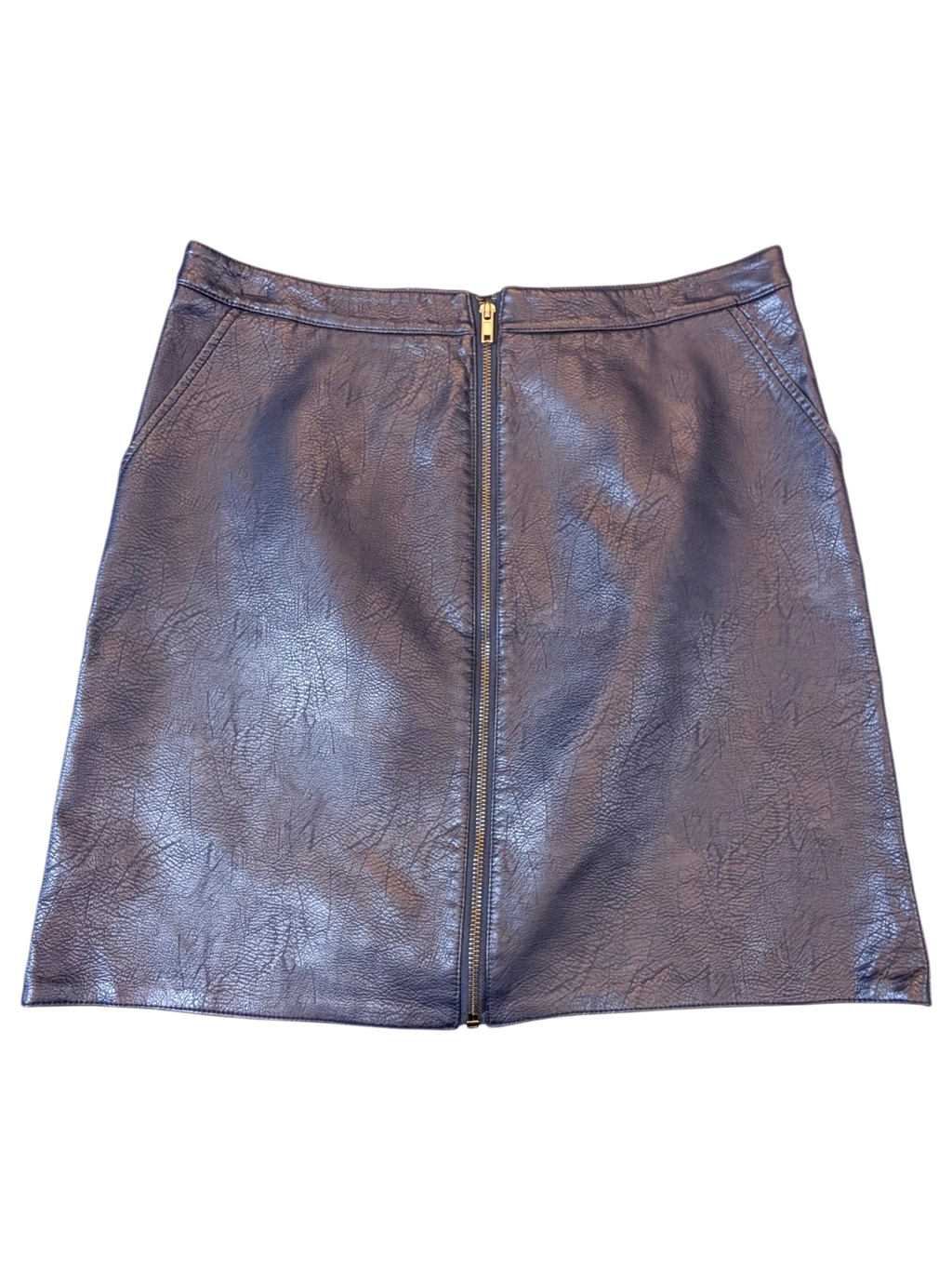 NAF NAF faux leather mini skirt in black with a full-length front zipper, available at JAKE & IPI.