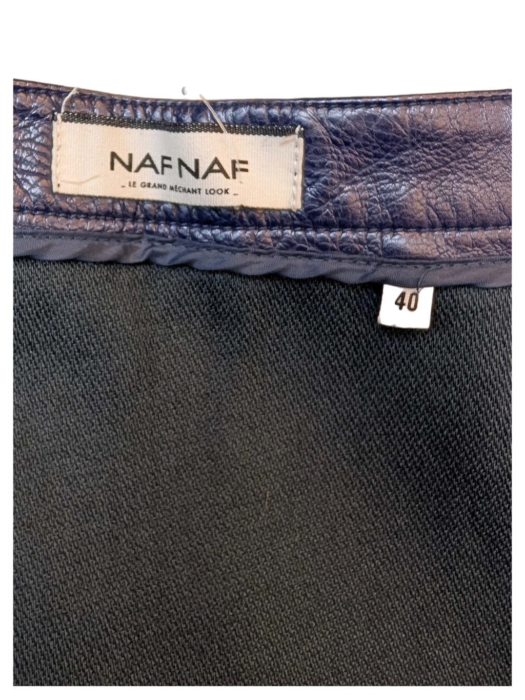 JAKE & IPI NAF NAF navy blue faux leather mini skirt with interior brand label and size 40 tag