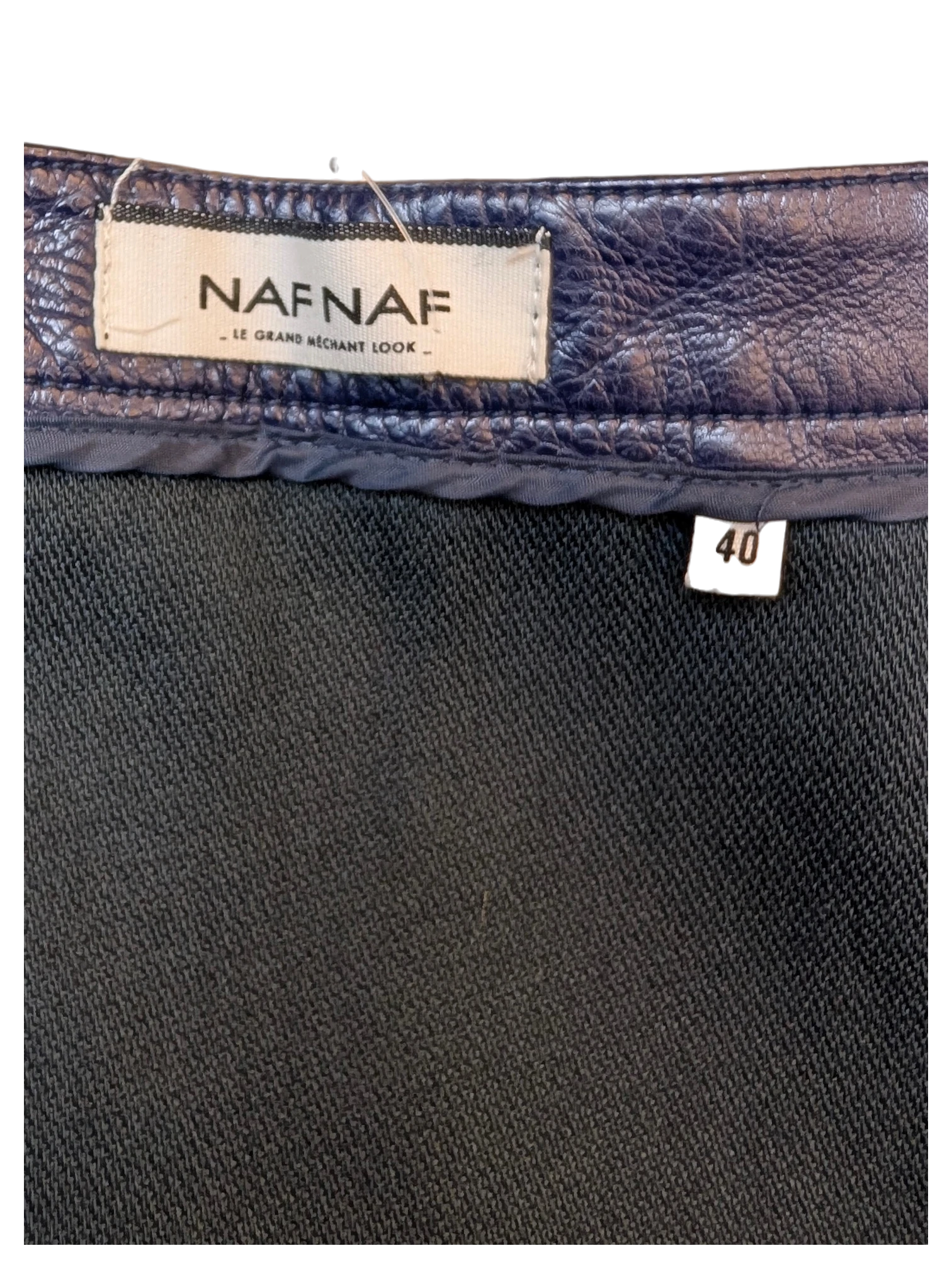 JAKE & IPI NAF NAF navy blue faux leather mini skirt with interior brand label and size 40 tag