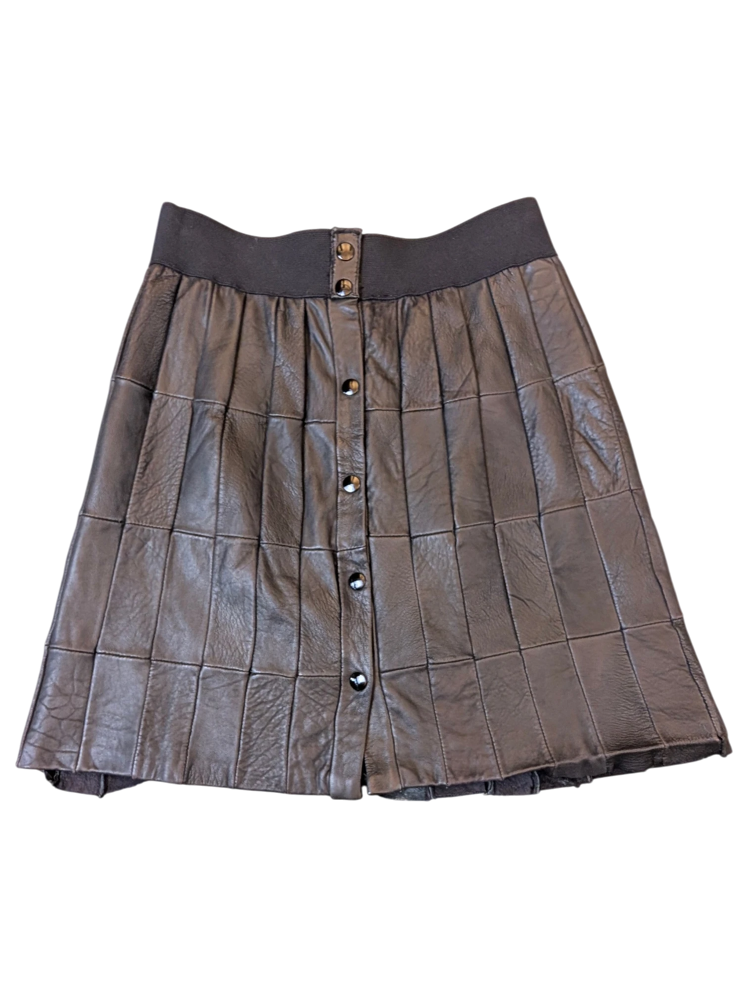 JAKE & IPI black faux leather paneled skirt with a button-front closure and elastic waistband.