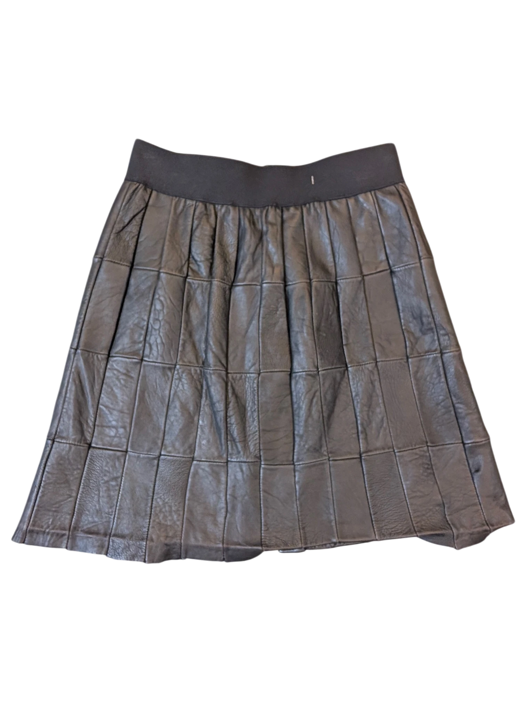 JAKE & IPI black paneled faux leather mini skirt with an elastic waistband and textured vertical panel design.