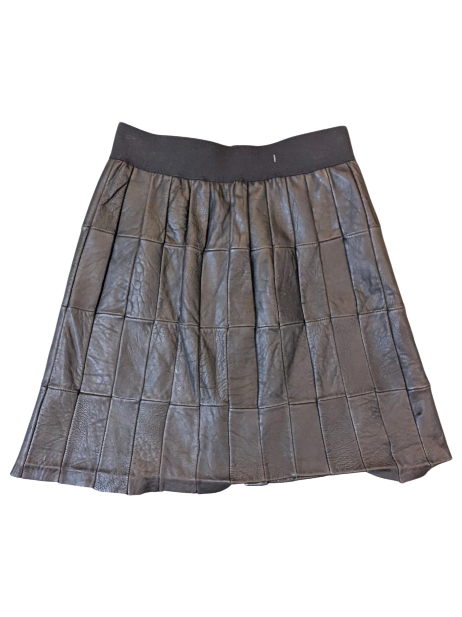 JAKE & IPI black paneled faux leather mini skirt with an elastic waistband and textured vertical panel design.