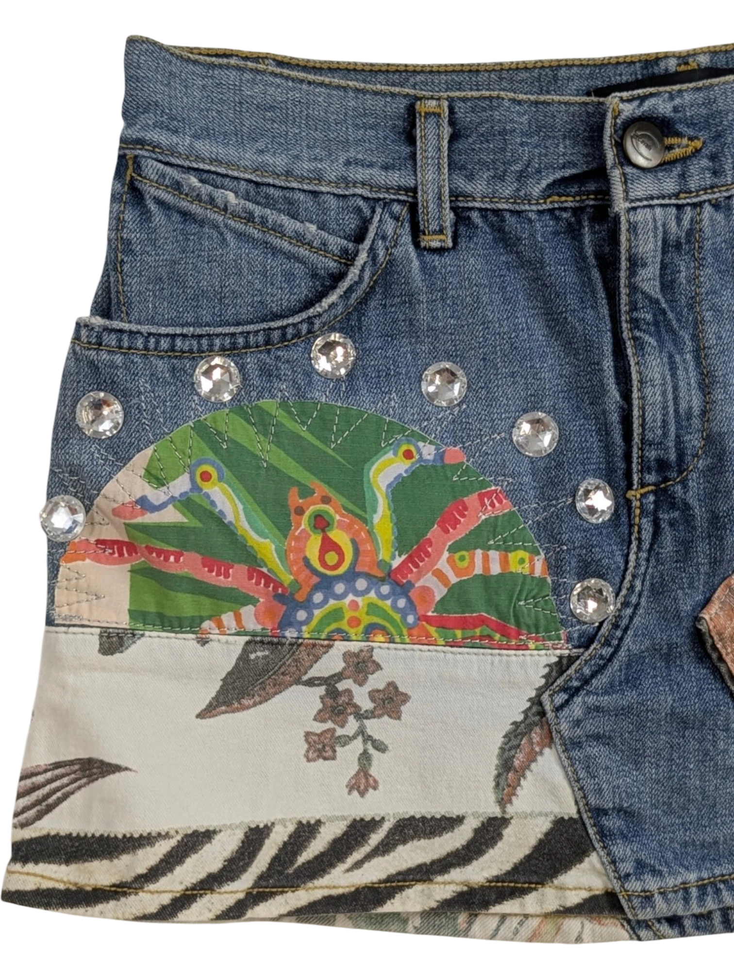 JAKE & IPI blue denim mini skirt with patchwork, rhinestones, and graphic print details. Y2K era.